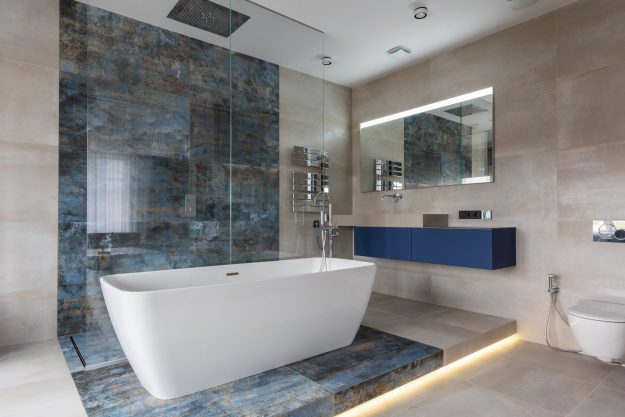 Bathroom wall with blue tiles, Best tile for shower walls